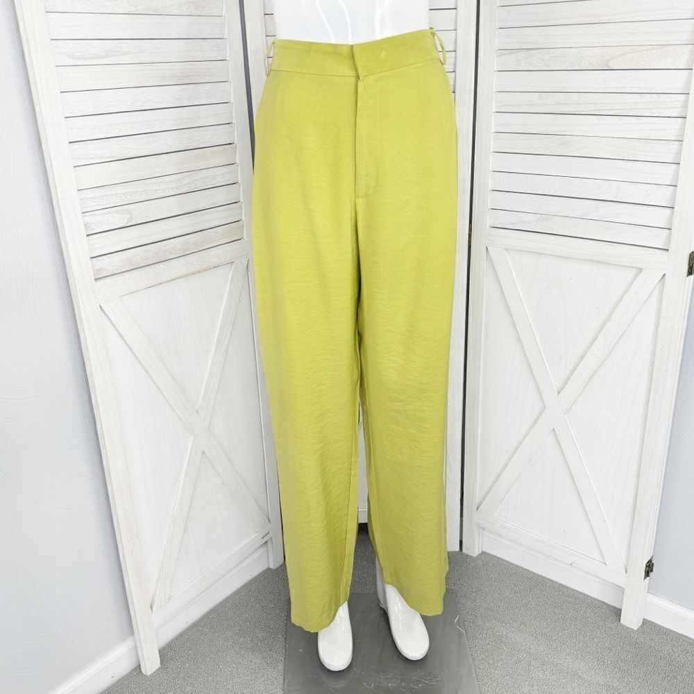 Zara Wide Leg High Rise‎ Trouser Pants Lime Green Yellow Size Small